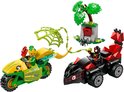 LEGO-set met groene motor, rode racewagen en minifiguren.
