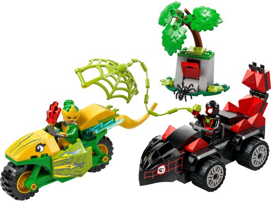 LEGO-set met groene motor, rode racewagen en minifiguren.