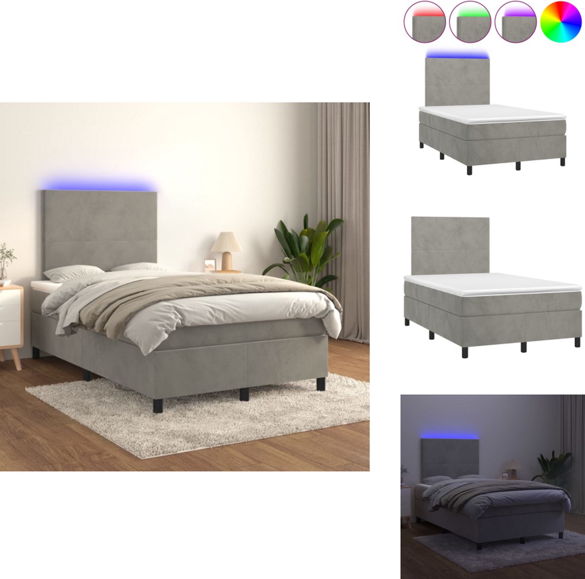 vidaXL Boxspring - Boxsprings - Bed - Slaapmeubel - Boxspring met matras en LED fluweel lichtgrijs 120x200 cm