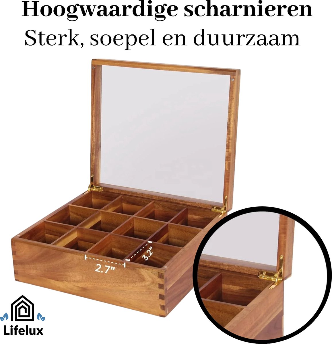 LifeLux Luxe Acaciahouten Theebox – 12 Vakken | Duurzame Houten Theedoos met Transparante Bovenkant | Stijlvolle Opbergdoos voor Theezakjes — cadeau in Wonen & Interieur - foto 4
