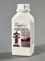 Bouteille blanche Powertex Universal Medium, avec une illustration de sculpture et trois gros plans de textures.