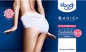 Model in witte midi-slip, met tekst 'EXTRA SOFT'. Promotionele afbeelding 'Basic+ Premium Comfort'.