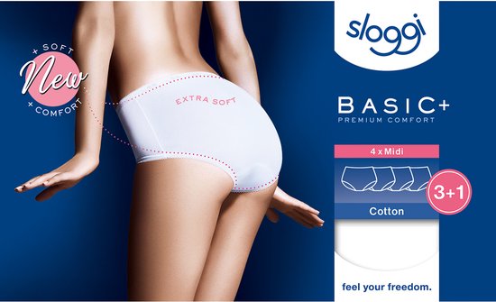 Model in witte midi-slip, met tekst 'EXTRA SOFT'. Promotionele afbeelding 'Basic+ Premium Comfort'.