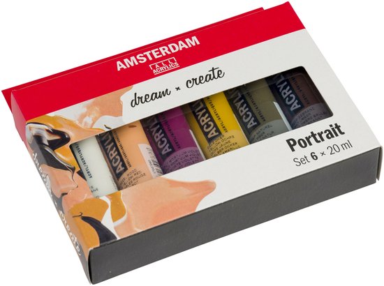 Emballage contenant six tubes de peinture acrylique Amsterdam, modèle 'Portrait'. Les tubes contiennent des couleurs comme le jaune, l'orange, le violet, le blanc et le brun.