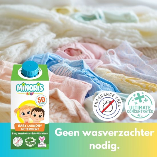 Minoris Baby Wasmiddel, 50 Wasbeurten, 1L – Hypoallergeen, Biologisch, Vegan, Dierproefvrij, Zacht voor Gevoelige Huid, Biologisch Afbreekbare Formule, Geconcentreerde Natuurlijke Babytextielreiniger