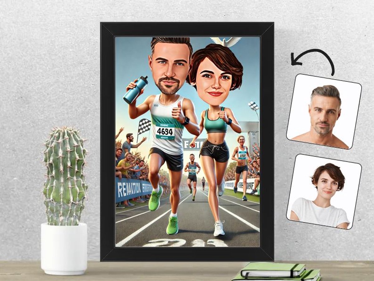 Sportief Stel Rent Samen een Marathon - Gepersonaliseerde Karikatuur Fotolijst 21x30 cm - Gepersonaliseerd Cadeau - Met Jouw Foto - Verjaardag - Kerst - Valentijn - Uniek en Handgemaakt - Cadeau - Verjaardag - Kerst - Kado - Valentijn - Huwelijk - Mo