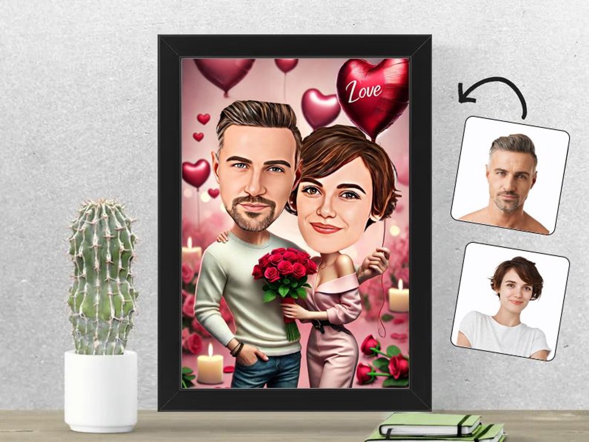 Liefdeskoppel met Kaarslicht en Ballonnen - Gepersonaliseerde Karikatuur Fotolijst 21x30 cm - Gepersonaliseerd Cadeau - Met Jouw Foto - Verjaardag - Kerst - Valentijn - Uniek en Handgemaakt - Cadeau - Huwelijk - Moederdag - Vaderdag - Jubileum -