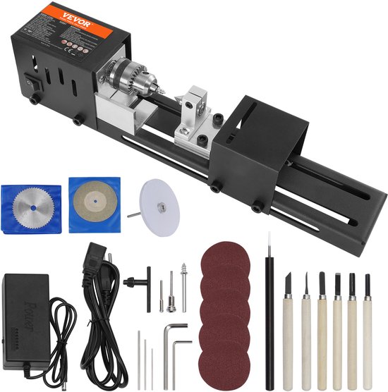 Complete set mini houtdraaibank, accessoires en 96W adapter. Bevat snijbladen, schuurpapier, steeksleutel en meer.