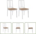 Ensemble de deux chaises de salle à manger blanches avec des assises en tissu marron. Trois gros plans montrent les chaises sous différents angles.