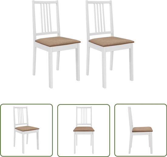 Ensemble de deux chaises de salle à manger blanches avec des assises en tissu marron. Trois gros plans montrent les chaises sous différents angles.