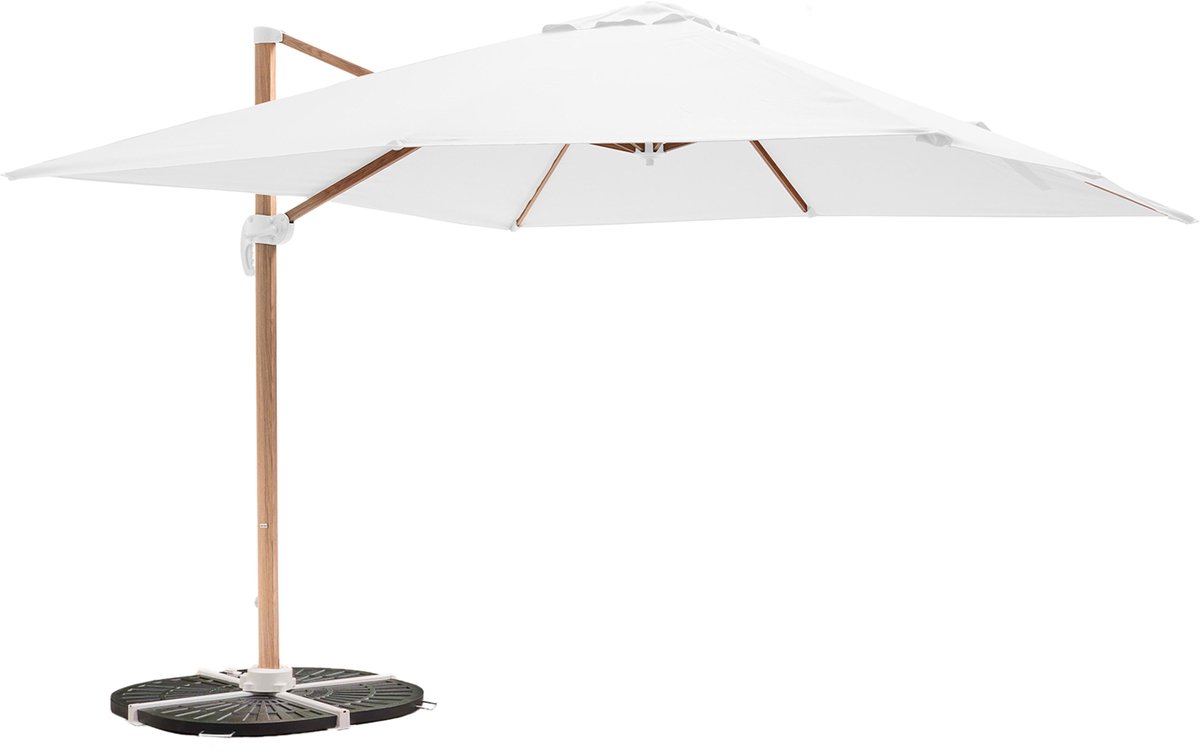 Parasol van 3x3m met wit houten effect en 4 verzwaarde tegels.