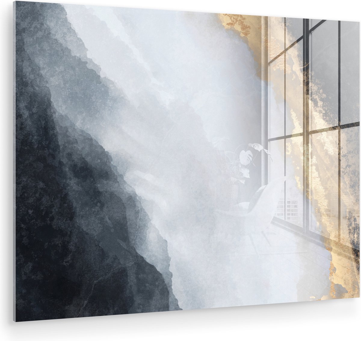 MuchoWow® Glasschilderij 40x30 cm - Schilderij acrylglas - Abstract - Verf - Goud - Zwart 