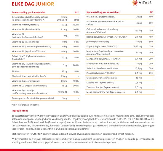 Vitals Elke Dag Junior - 90 kauwtabletten - multivitamine. Voor kinderen. Multivitamine- en mineralenkauwtablet met zoetstoffen uit natuurlijke bron.
