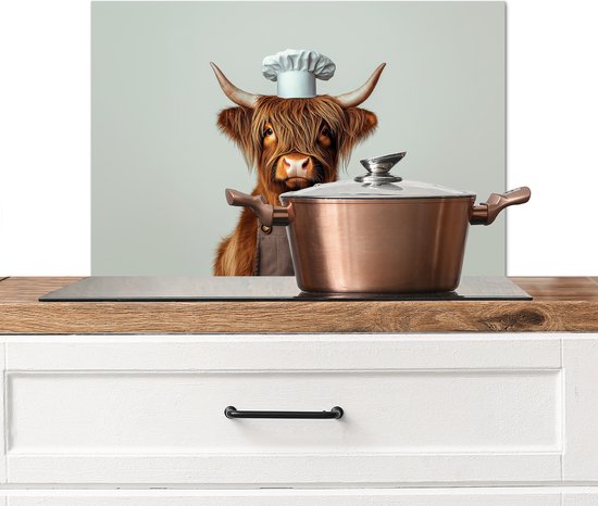 Crédence de Cuisinière en Aluminium 60x40 cm - Highlander écossais - Marron - Cornes - Vêtements de cuisinier - Écran Pare-éclaboussures pour Plaque de Cuisson - Protection Murale