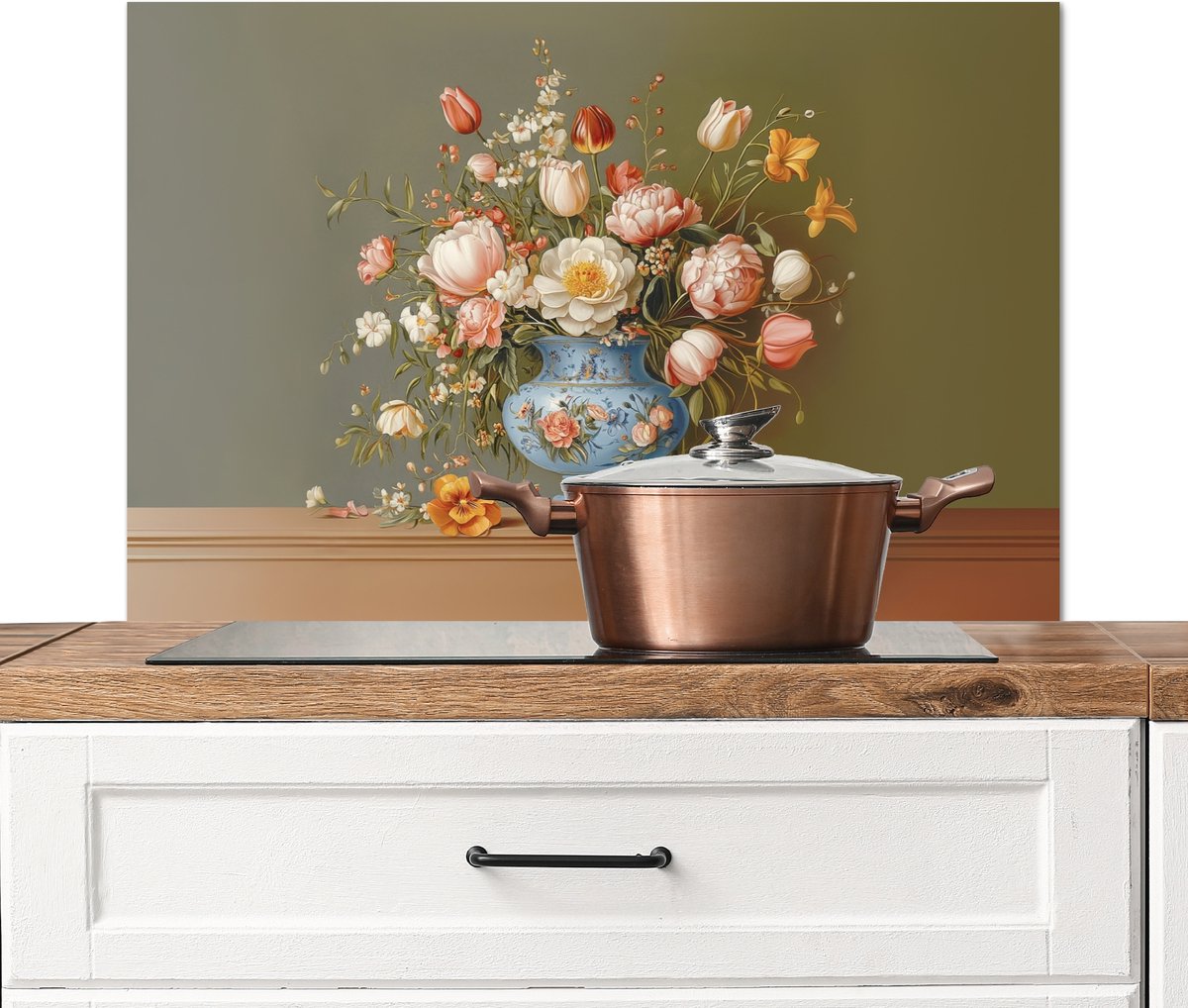 Spatscherm keuken 90x60 cm - Kookplaat achterwand Neutral - Bloemen - Boeket - Vaas - Muurbeschermer - Spatwand fornuis - Hoogwaardig aluminium