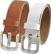 Landley Leather Perforated Ceintures Value Set - Duo pack avec 2 ceintures - Largeur 4 cm - Femme et Homme - Cuir Véritable - Cognac et Wit - Longueur totale 145 cm / Taille de ceinture 125