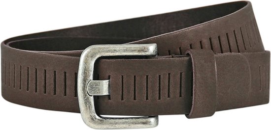 Donkerbruine leren riem met metalen gesp en sleufjes.