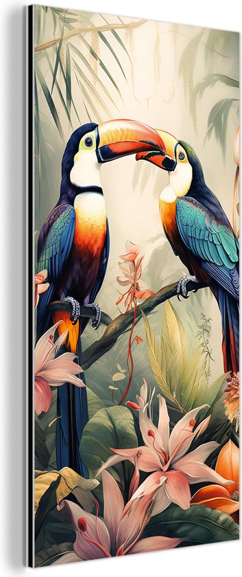 Aluminium schilderij 80x160 cm - Wanddecoratie metaal - Toekan - Vogels - Bloemen - Natuur - Jungle - Metalen muurdecoratie woonkamer - Decoratie industrieel - Foto op dibond - Industriële accessoires slaapkamer