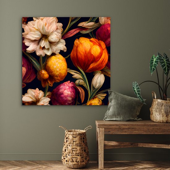 Décoration murale Métal - Peinture Aluminium Industriel - Fleurs - Plantes - Couleurs - Wit - 90x90 cm - Dibond - Photo sur aluminium - Décoration murale industrielle - Pour le salon/chambre