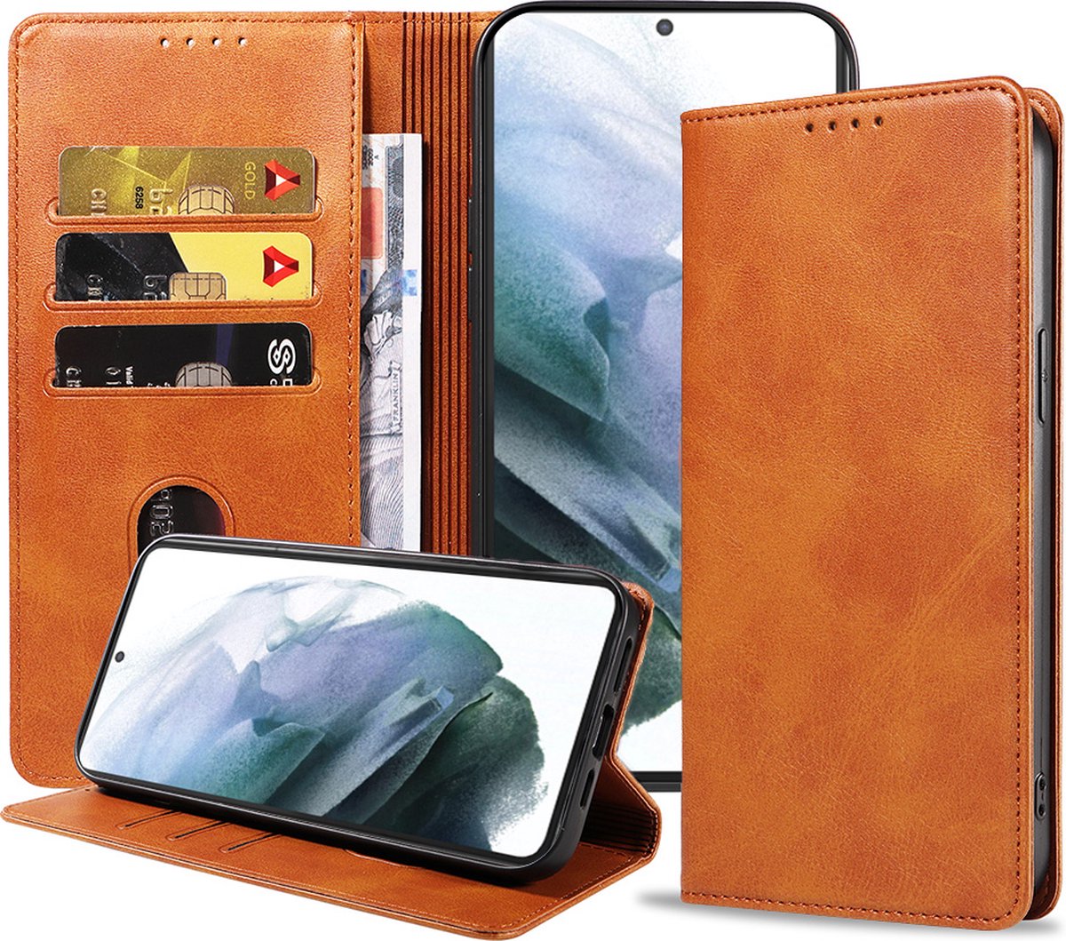 Smartphonica Samsung Galaxy S21 Plus leren hoesje met magnetische sluiting en pashouders book case – Bruin geschikt voor Samsung Galaxy S21 Plus