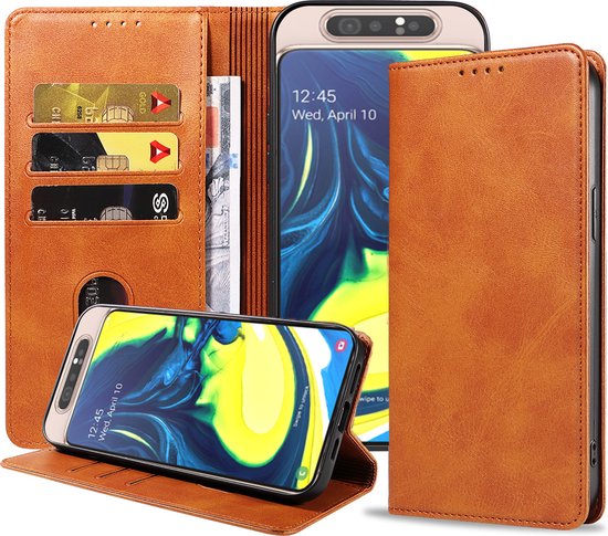 Étui de téléphone marron en cuir ouvert, avec téléphone et porte-cartes.