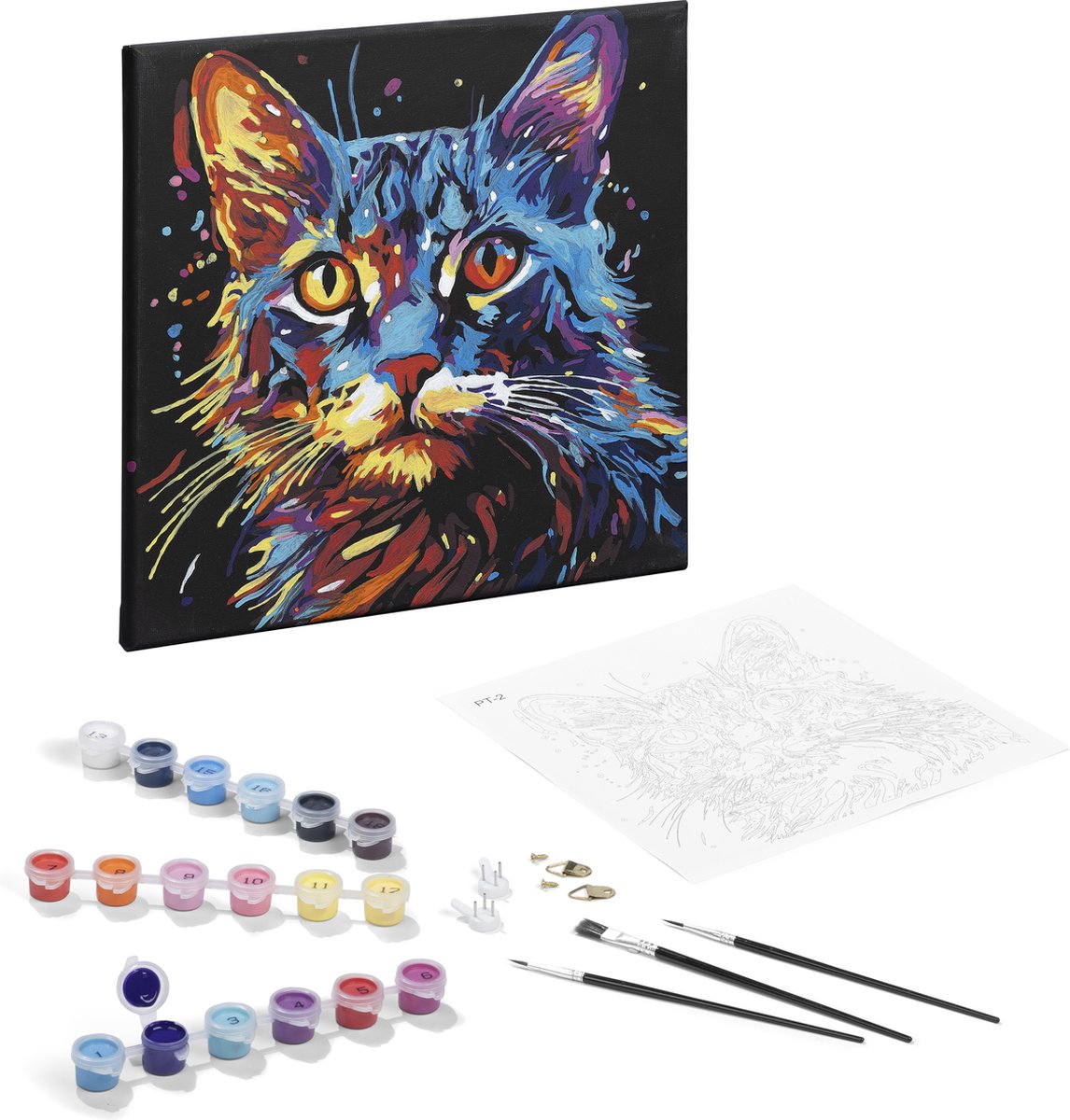 Schilderen op Nummer Volwassenen dieren poes - Kleurrijke Kat op Zwart Canvas - Formaat 30 x 30 CM — afbeelding 2