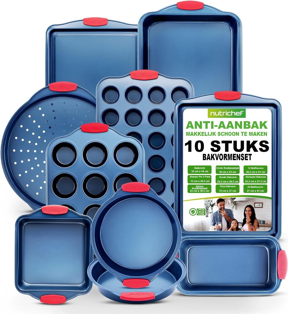 NutriChef, Bakvorm set , 10-delige Antiaanbak Bakvormenset-Premium Koolstofstaal Bakvormen met Siliconen Handgrepen - Inclusief Pizzablad,12- en 24-cup Muffinvormen,Bakplaten,Ronde/Vierkante Vormen,Broodvorm-Blauw