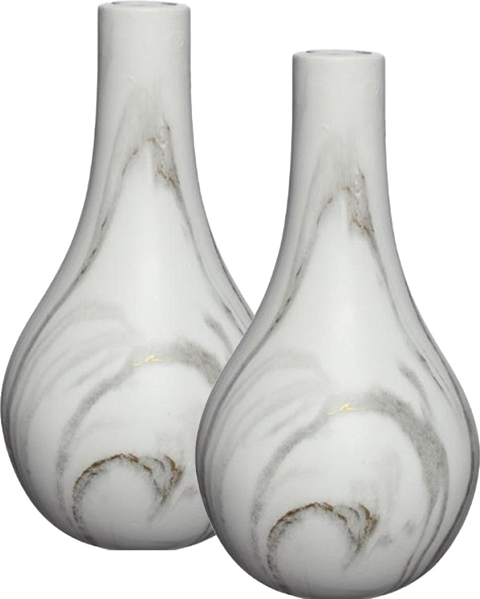 Ideas 4 Seasons Idea4seasons Bloemenvaas Dazzle - 2x - marmer look - Wit/goud - Keramiek - D14 cm x H26 cm - vaas