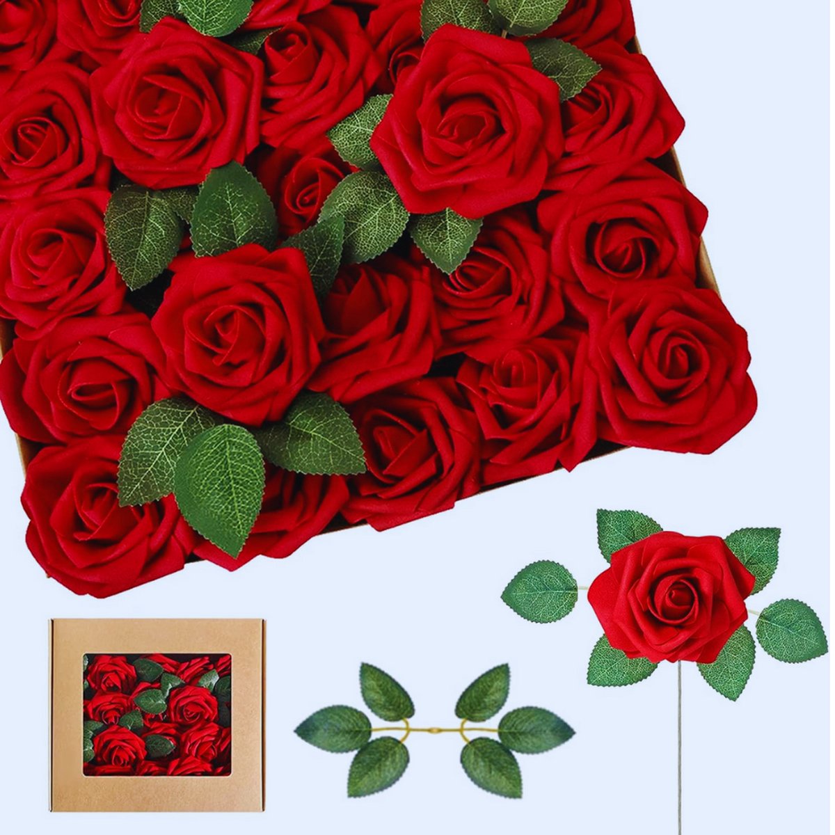 25 Stuks Kunstrozen Met Blad - Rode Rozenkoppen Voor DIY Bruiloftsboeket - Valentijnscadeau & Woondecoratie