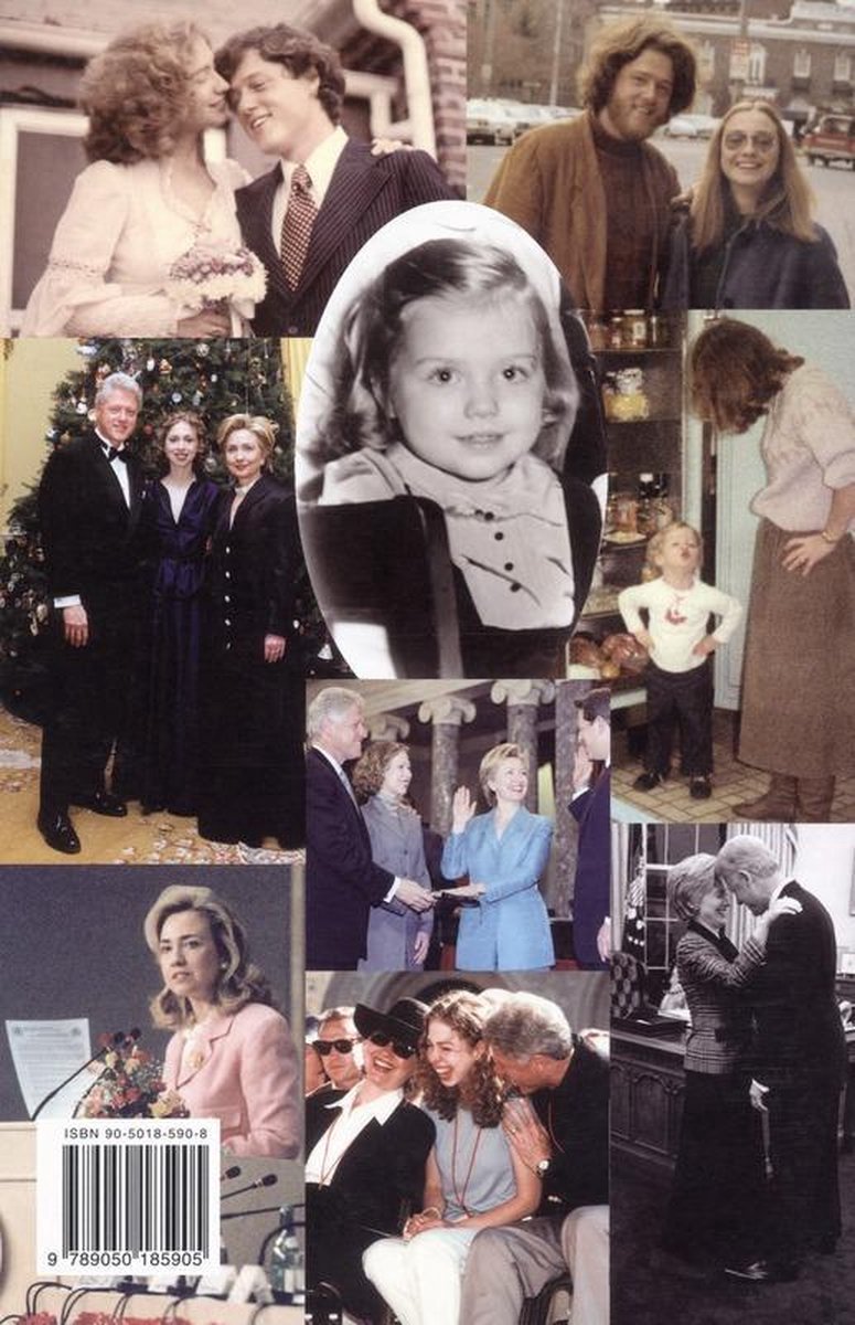 Collage van foto's van Hillary Clinton, inclusief haar bruiloft, familie, met Bill Clinton en als kind.