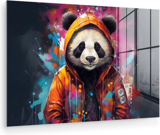 MuchoWow® Glasschilderij 90x60 cm - Schilderij acrylglas - Panda - Jas - Graffiti - Oranje - Foto op glas - Muurdecoratie woonkamer - Wanddecoratie slaapkamer - Schilderijen