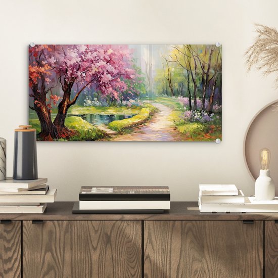 MuchoWow® Glasschilderij 40x20 cm - Schilderij acrylglas - Watercolor - Natuur - Bomen - Kunst - Bloemen - Foto op glas - Muurdecoratie woonkamer - Wanddecoratie slaapkamer - Schilderijen