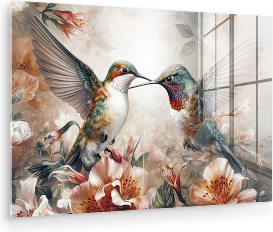 MuchoWow® Peinture sur verre 90x60 cm - Peinture sur verre - Colibri - Vogels - Fleurs - Nature - Photo sur verre acrylique - Peintures