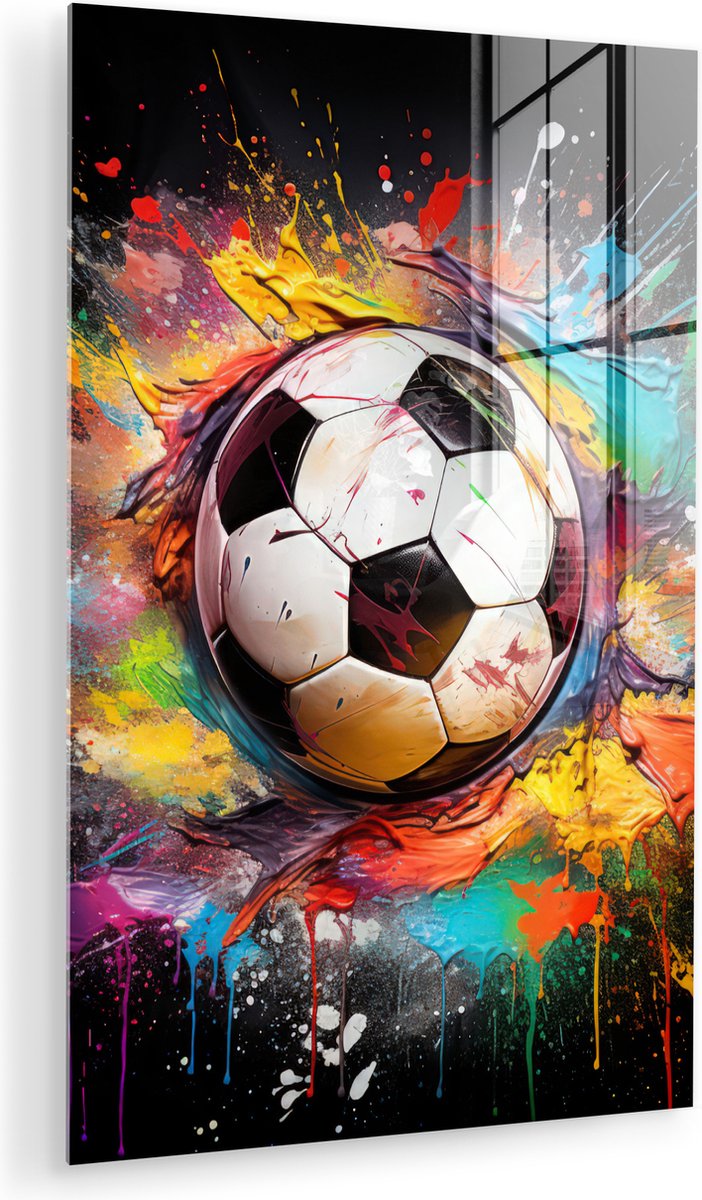 MuchoWow® Glasschilderij 100x150 cm - Schilderij acrylglas - Voetbal - Verf - Kleuren - Zwart - Wit - Foto op glas - Muurdecoratie woonkamer - Wanddecoratie slaapkamer - Schilderijen