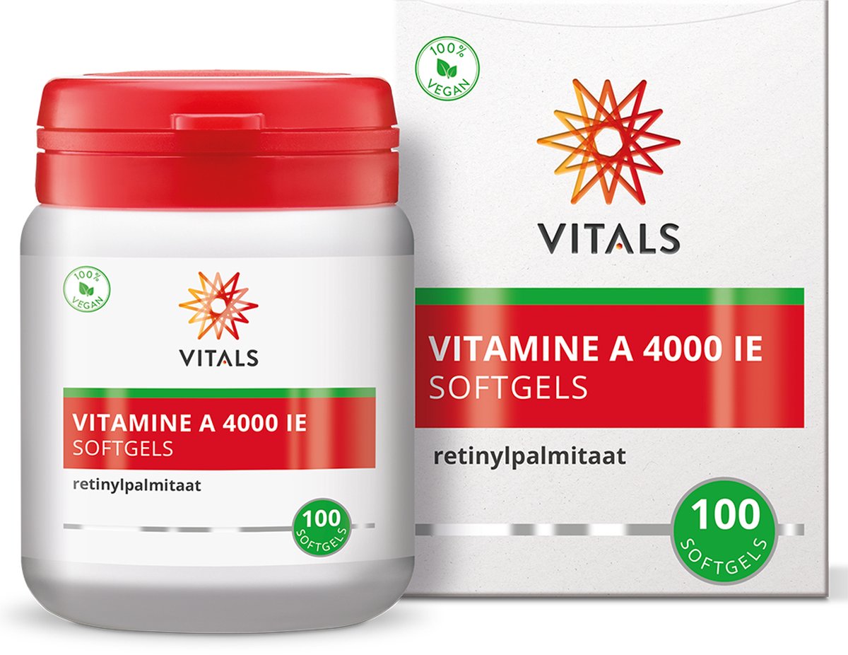 Goedkoopste Vitals Vitamine A 4000 IE - 100 softgels. Hoge dosering vitamine A in de vorm van retinylpalmitaat.