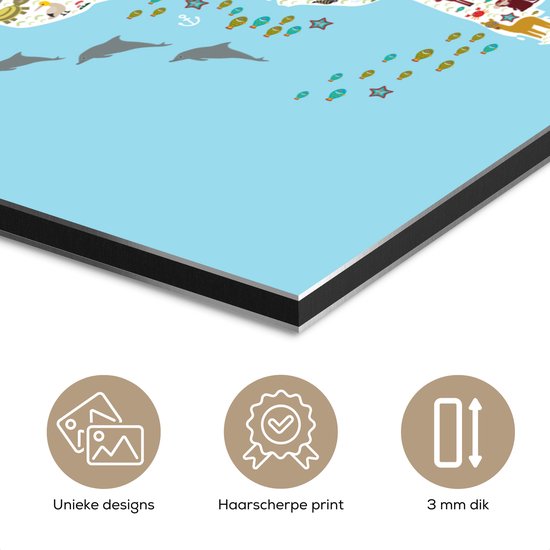 Décoration murale Métal - Peinture Aluminium - Wereldkaart - Enfants - Couleurs - Animaux - 180x120 cm