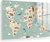 MuchoWow® Tableau sur verre 60x40 cm - Tableau sur verre acrylique - Terre - Wereldkaart enfants - Animaux - Garçons - Meiden - Blauw - Photo sur verre - Décoration murale salon - Décoration murale chambre - Peintures