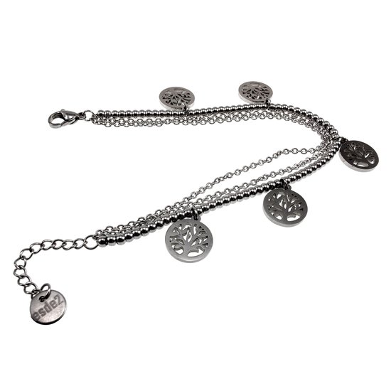 Bracelet Femme 15cm à 19cm - Acier Inoxydable Couleur Argent - Bracelet Triple avec Pendentif Cinq Arbre de Vie - Ajustable