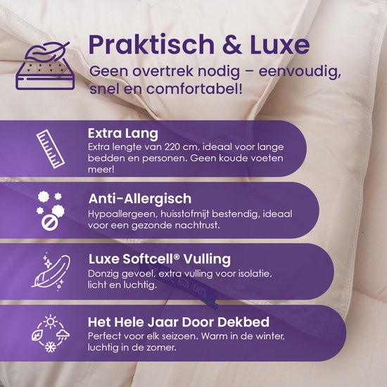 Luxueus dekbed zonder overtrek. Extra lang (220 cm), anti-allergisch, hypoallergeen en gevuld met Luxe Softcell® vulling voor isolatie. Het hele jaar door bruikbaar.