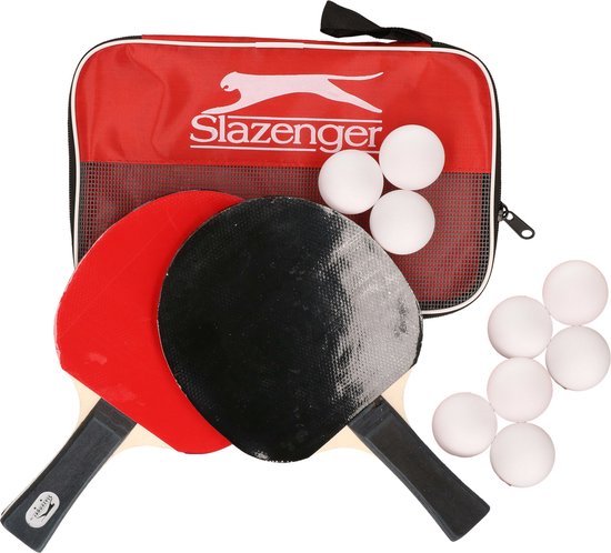 Slazenger tafeltennis set met 2 batjes (rood en zwart) en 9 witte balletjes, in rode tas.