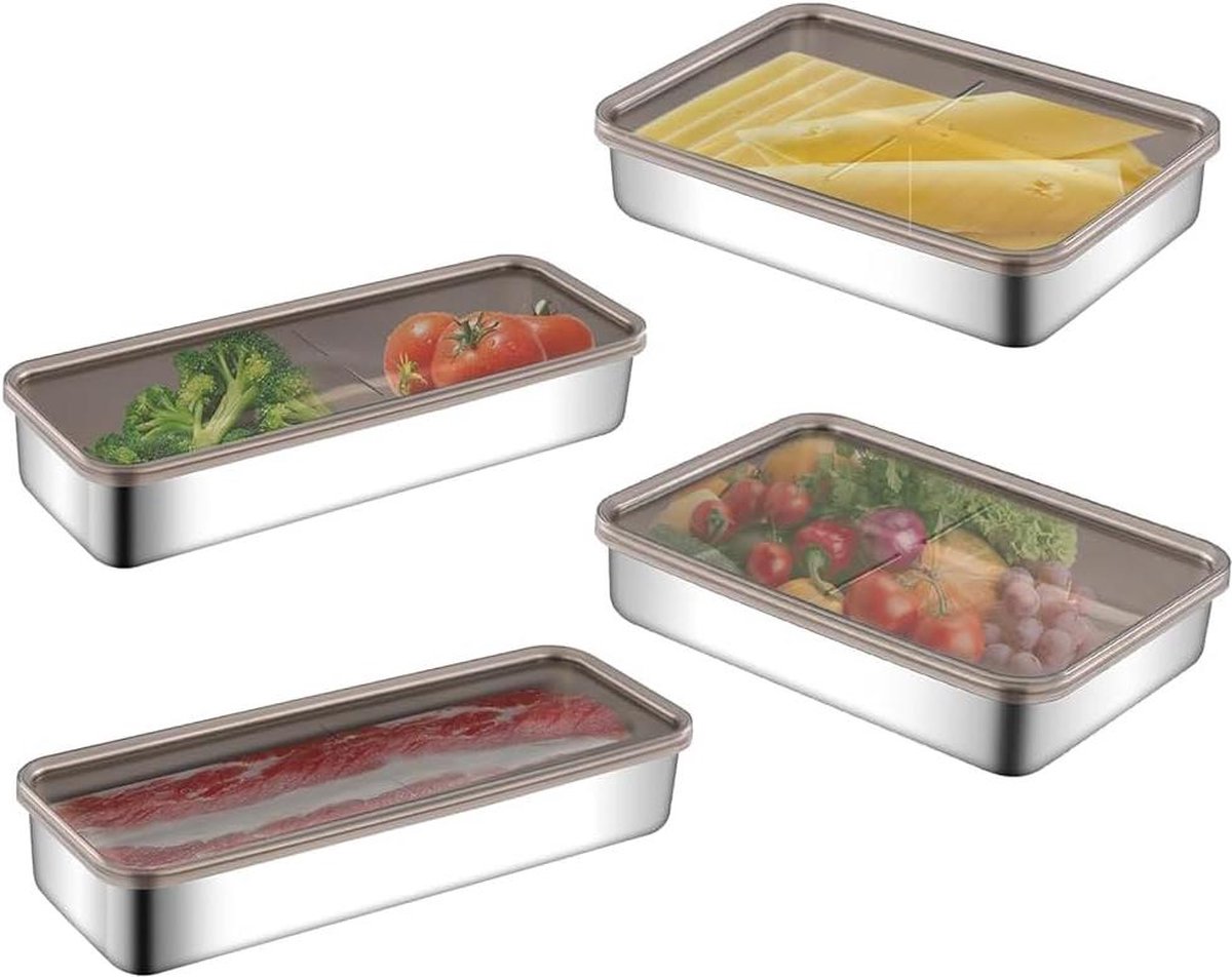 Set van 4 rechthoekige spekkaas opbergdozen voor koelkast - 304 roestvrijstalen delicatessencontainer
