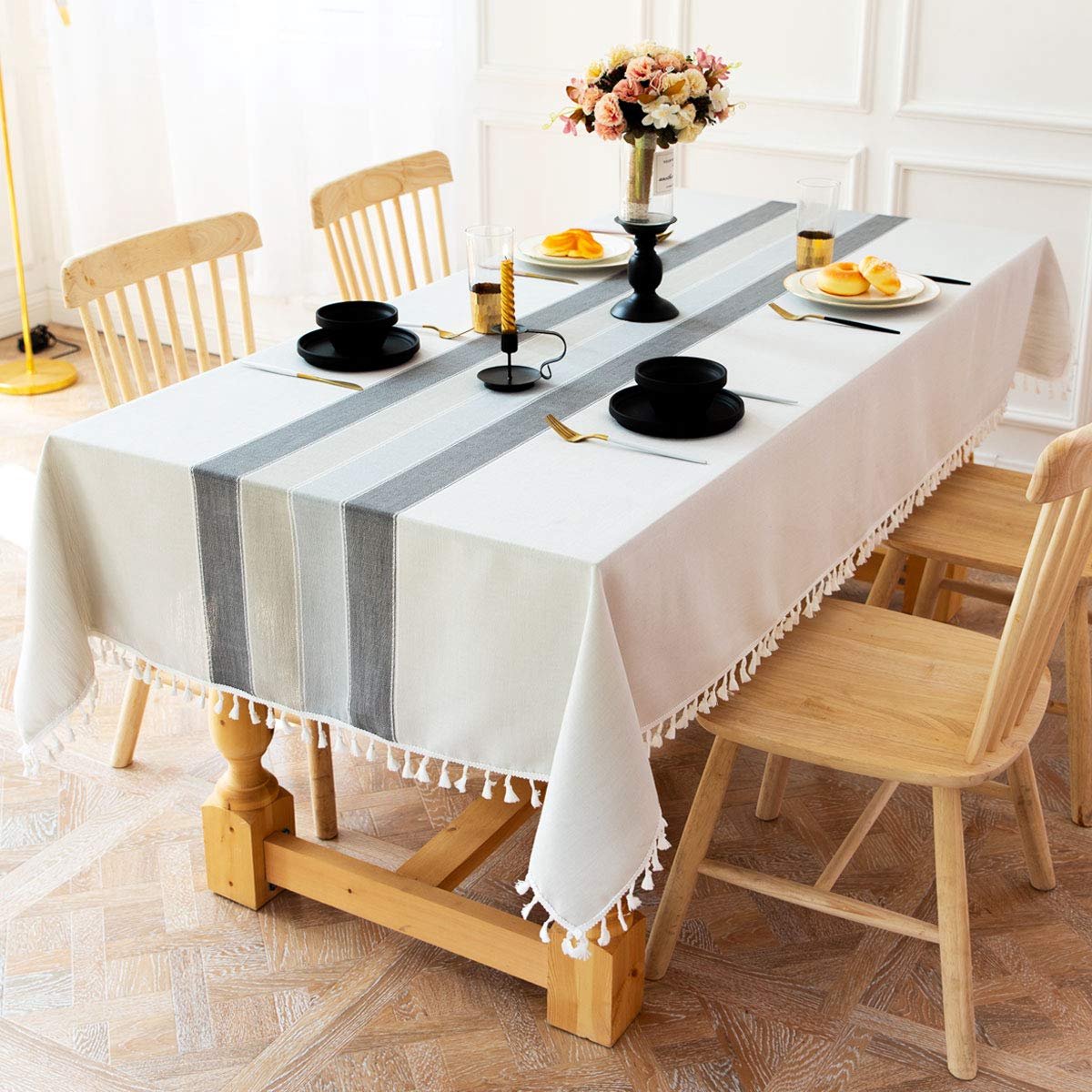 La'Moussawi ® Elegant Grijze Gestreepte Tafelkleed voor Keuken en Restaurant Met Stijlvolle Stiksels