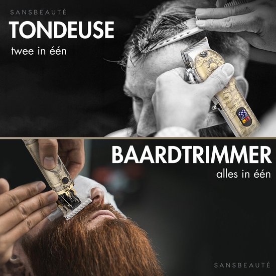 Sansbeauté tondeuse: bovenkant toont kapsel knippen, onderkant toont baard trimmen.