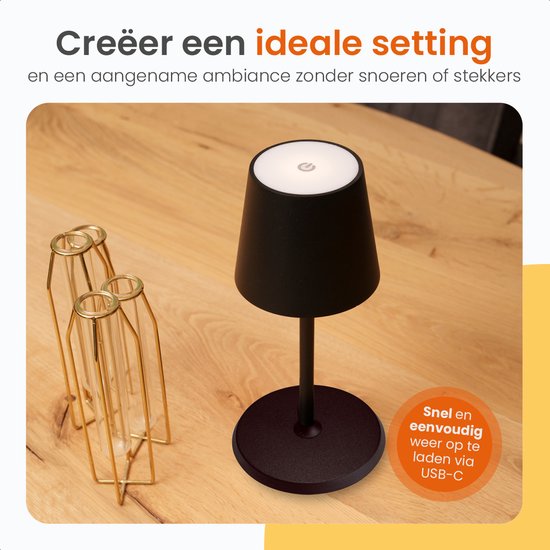 Goliving Lampe de Table Rechargeable - Sans Fil et dimmable - Lampe Tactile Moderne - Lampe de Nuit Chambre - 26 cm - Noir