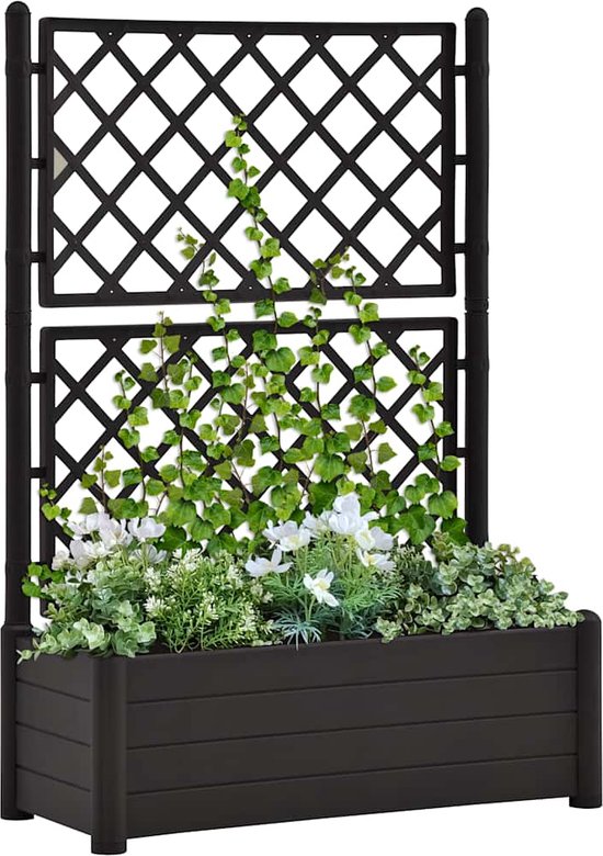 vidaXL Plantenbak met latwerk 100x43x142 cm PP-steen grijs, bloembak, tuinbak, plantenpot, bloembakken, tuinbakken, plantenpotten, bloempot