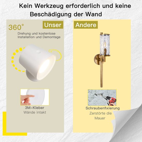 Draadloze LED-wandlamp met USB-C opladen en 360° draaibare magnetische bevestiging, 3 kleurstanden, dimmer op 3 niveaus, wandarmatuur voor slaapkamer, nachtkastje, badkamer, gang (zwart, 1 stuk