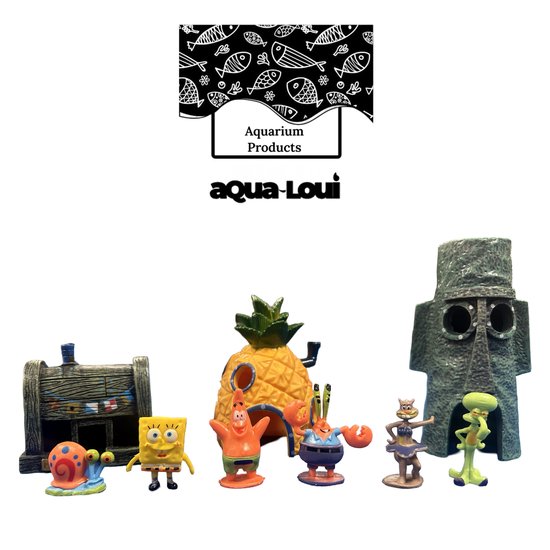 Aqua-Loui® - Aquarium Decoratie - Spongebob Ornamenten - Complete set van 3 huisjes en 6 poppetjes