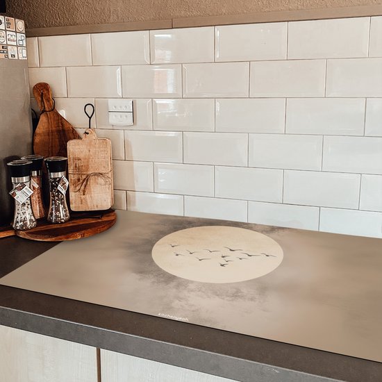 KitchenYeah® Protection plaque induction 91.2x52 cm - Oiseaux - Beige - Japandi - Protege plaque de cuisson - Couvre plaque induction - Protecteur d'induction - Cuisine