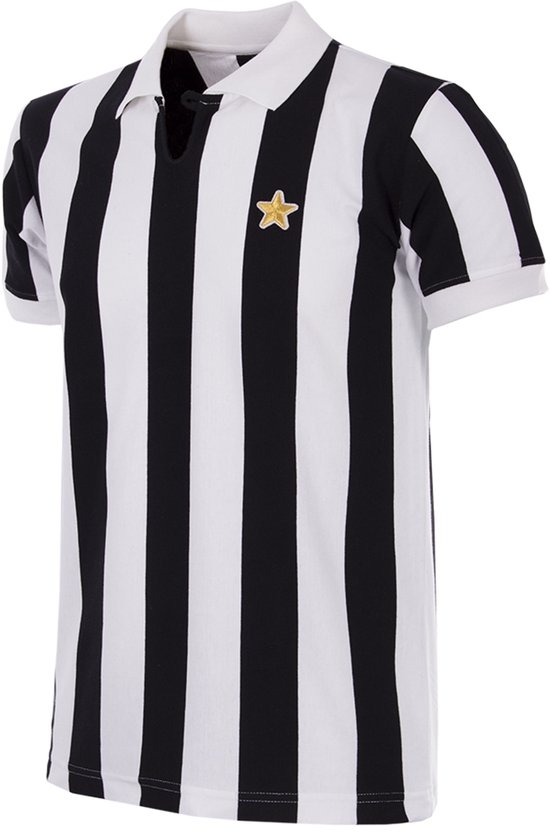 Zwart-wit gestreept poloshirt met een gouden ster op de borst en witte kraag.
