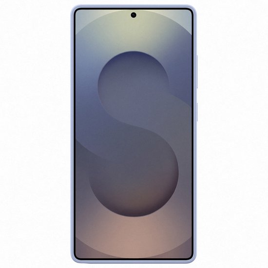 Lichtblauwe Samsung telefoonhoes met een gedempte, abstracte 'S' op het scherm.